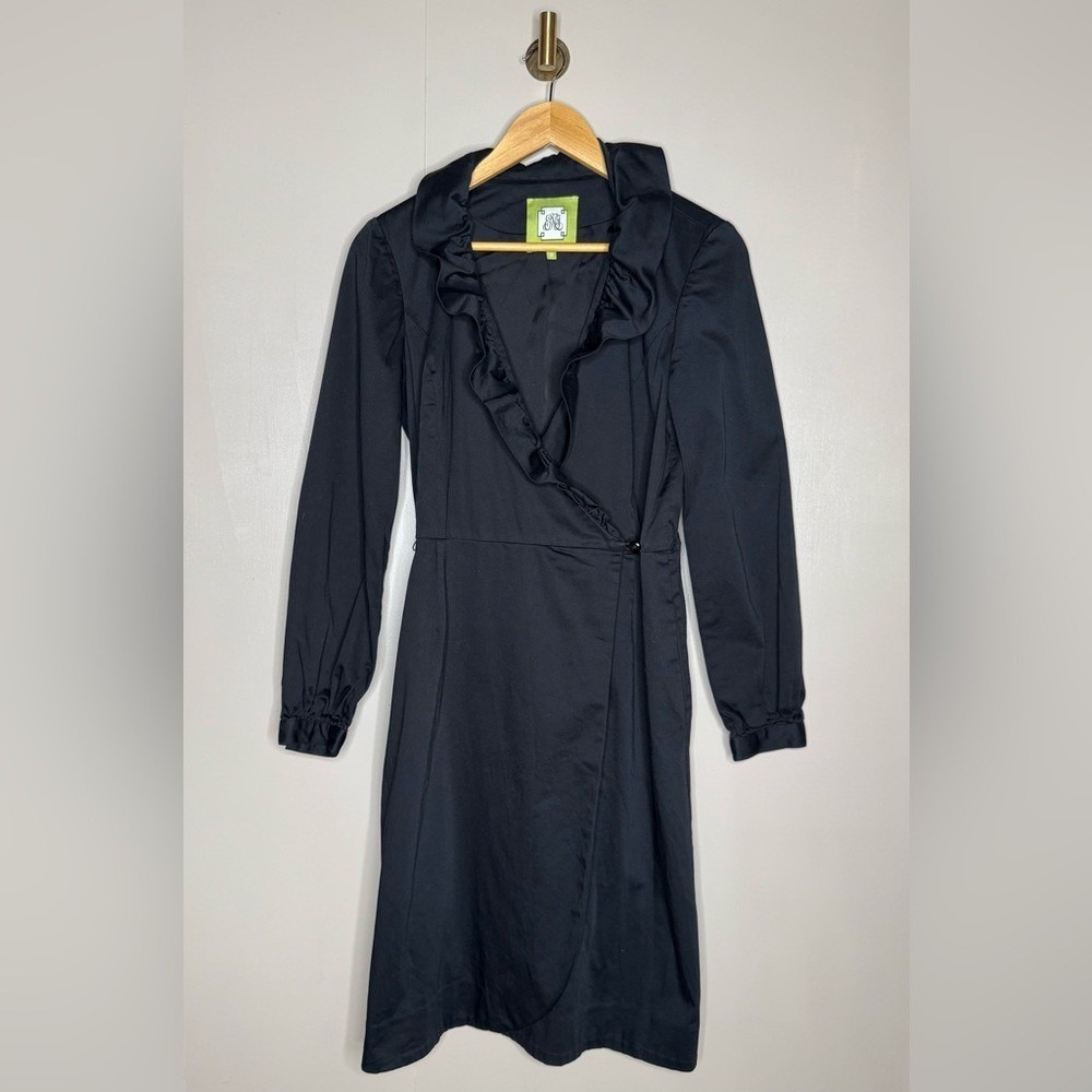 Elizabeth McKay Black Wrap Dress Ruffle Neck Long Sleeve Midi Size 4